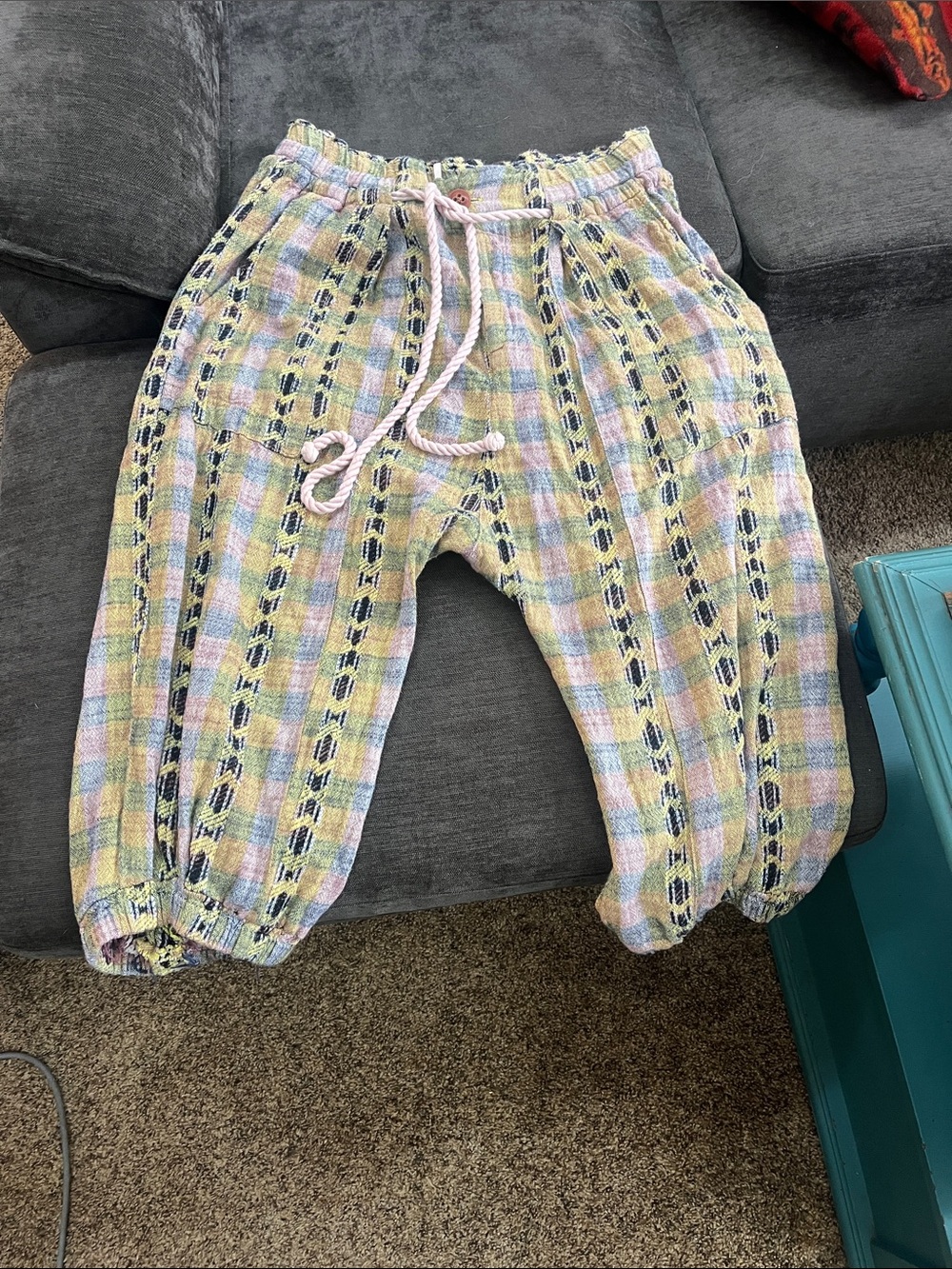 Free People Pastel Plaid Cropped Harem style Drawstring Pants